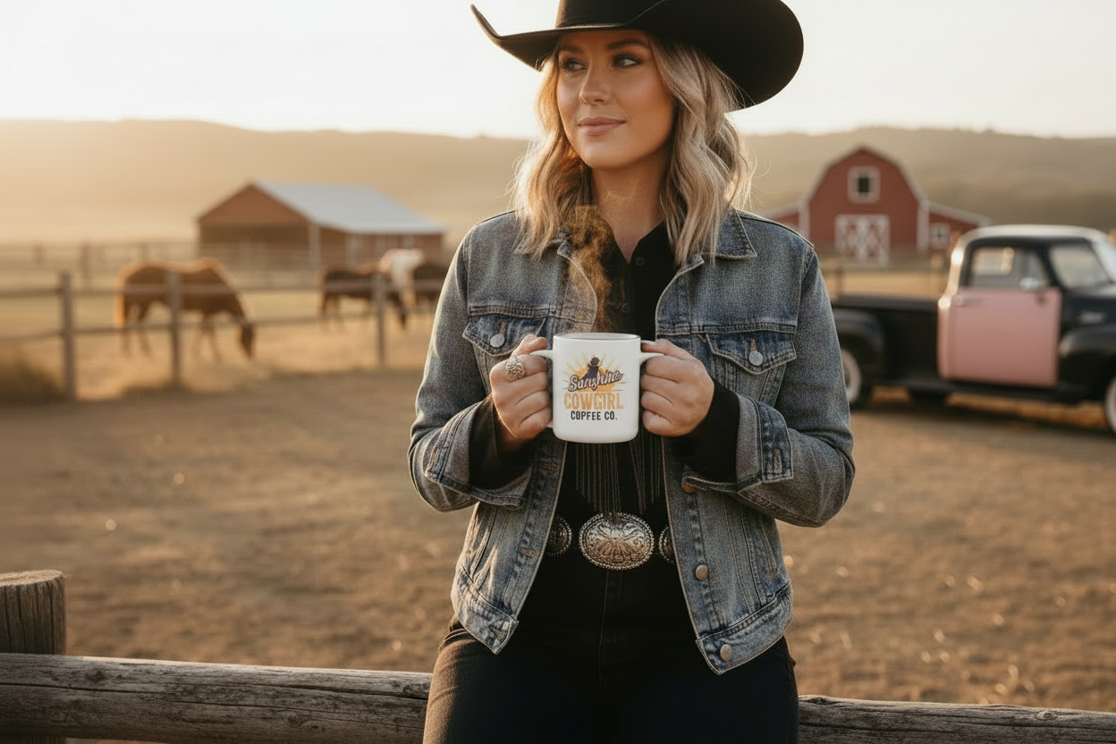 Cowgirl holding Sunshine Cowgirl coffee mug